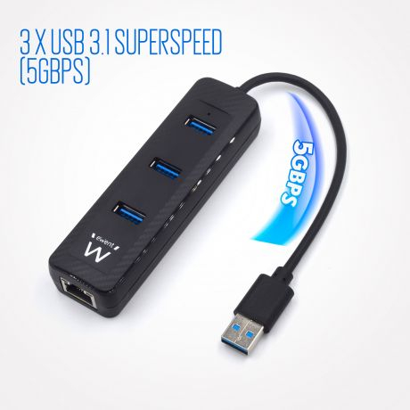Hub USB Ewent RJ45 + 3 Portas USB 3.1 Gen1 (USB 3.0) Preto
