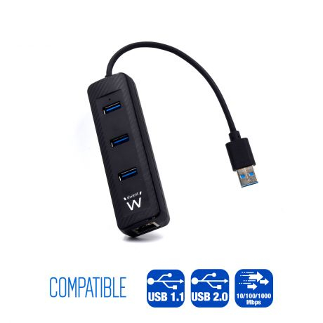 Hub USB Ewent RJ45 + 3 Portas USB 3.1 Gen1 (USB 3.0) Preto