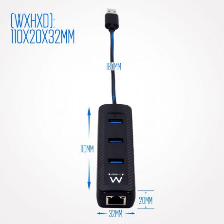 Hub USB Ewent RJ45 + 3 Portas USB 3.1 Gen1 (USB 3.0) Preto