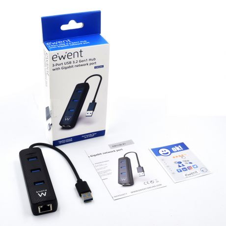 Hub USB Ewent RJ45 + 3 Portas USB 3.1 Gen1 (USB 3.0) Preto