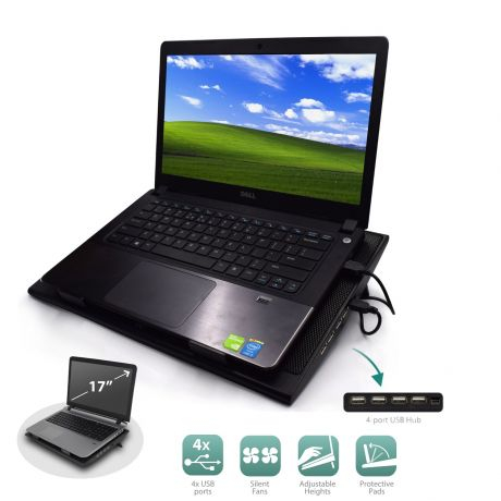 Base Portátil EWENT EW1257 + 2 fan silenciosas até 17" com HUB USB 4 portas