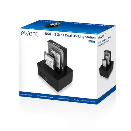 Estação de Ancoragem Dupla EWENT EW7014 USB 3.2 de 1ª geração (USB 3.0) para HDD/SSD SATA de 2,5 e 3,5 polegadas