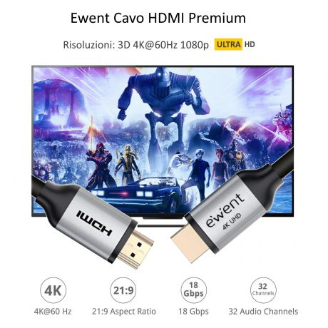 Cabo EWENT EC1346 HDMI Premium de alta velocidade com Ethernet 1.8 m