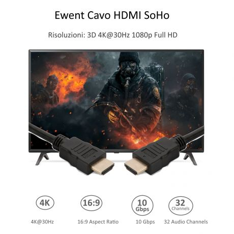 Cabo HDMI EWENT EC1330 de alta velocidade com Ethernet 1.0m