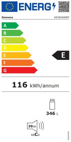 Frigorifico 1 Porta Cor Branco SIEMENS IQ500 KS36VAWEP 346L 186x60x65 Classe E