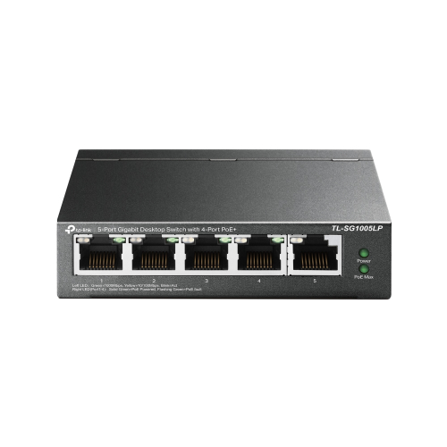 5-Port Gigabit Desktop Switch with  4-Port PoE+, PORT: 4× Gigabit PoE+ Ports, 1× Gigabit Non-PoE Port, SPEC: 802.3af/at, 40 W PoE Power, Desktop Steel Case, Plug and Play