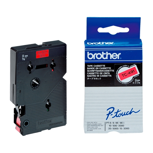 Brother - Fita laminada. Texto preto sobre fundo vermelho. Largura: 9 mm. Comprimento: 7,7 m - TC-491