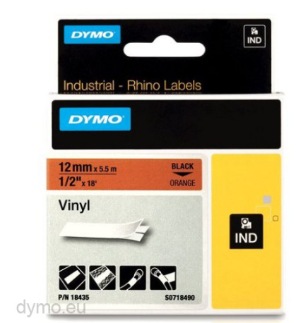 Etiquetas Dymo RHINO 18435 vinil preto sobre laranja 12mm