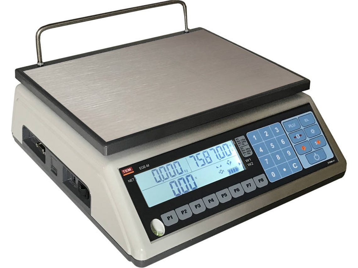 TEM EGE 30D-BU - Balança 30Kg multi-escala (0-15kgs/5g - 15-30Kgs/10g) com bateria até 100 horas e ligação a PC (Porta USB), protocolos 4 e 8, (TISA e DELTA), 250 PLU, 8 directos.