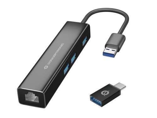 DONN 3-Port USB Hub with Gigabit Network Adapter incl. USB-C to USB-A Converter