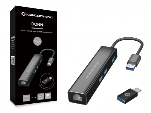 DONN 3-Port USB Hub with Gigabit Network Adapter incl. USB-C to USB-A Converter