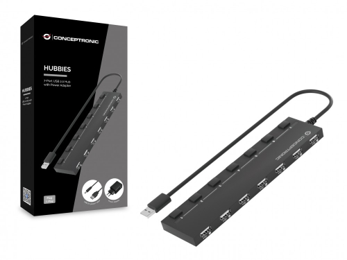 HUBBIES 7-Port USB 2.0 Hub with Power Adapter