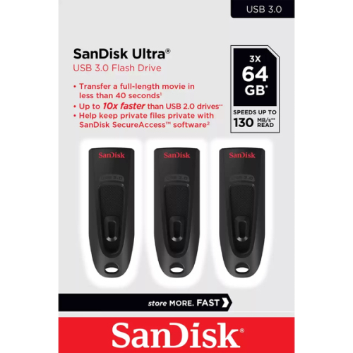 Ultra 64GB, USB 3.0 Flash Drive 130MB/s read- 3 Pack (Black)