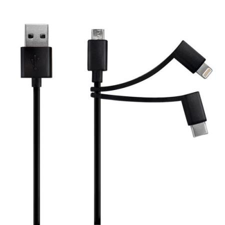 CABO USB A / 3 EM 1 LIGHTNING MFI / USB-C / MICRO-USB PRETO 1mt